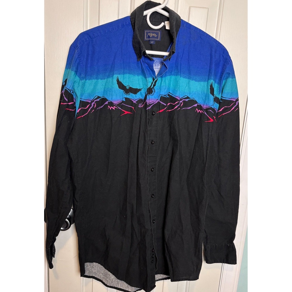 Vtg Roper Shirt Men's Medium Tall Western Cowboy Scenic Eagle Mountain Print